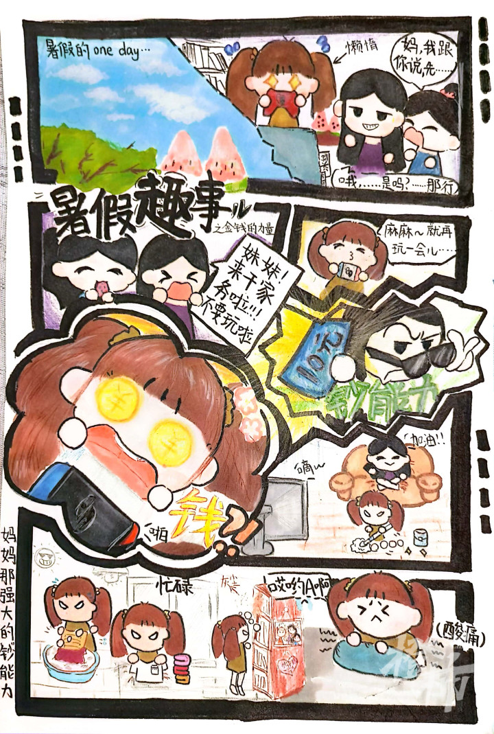 《暑假趣事》妹妹在家继续玩游戏，于是妈妈说给工钱，诱惑妹妹，“贪财”的妹妹果然放下游戏机，最后累得趴下了。.jpg