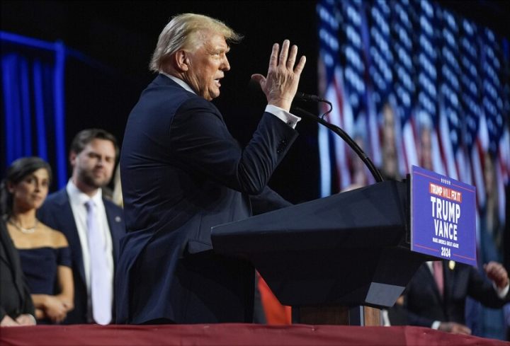 Republican presidential nominee former President Donald Trump speaks at an election night watch party at the Palm Beach Convention Center on Nov. 6, 2024, in West Palm Beach, Fla.