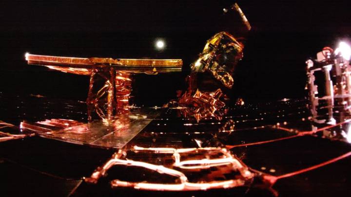 The top deck of Firefly Aerospace's Blue Ghost lunar lander is pictured with the moon in the background.