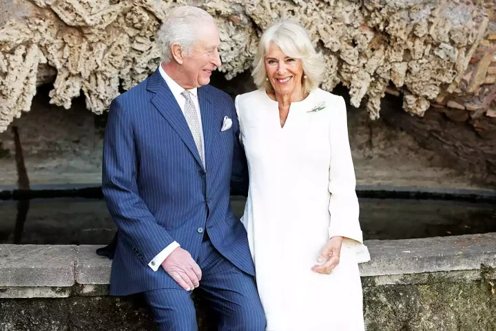 King Charles III and Queen Camilla pose for a portrait at Villa Wolkonsky on April 07, 2025 in Rome, Italy